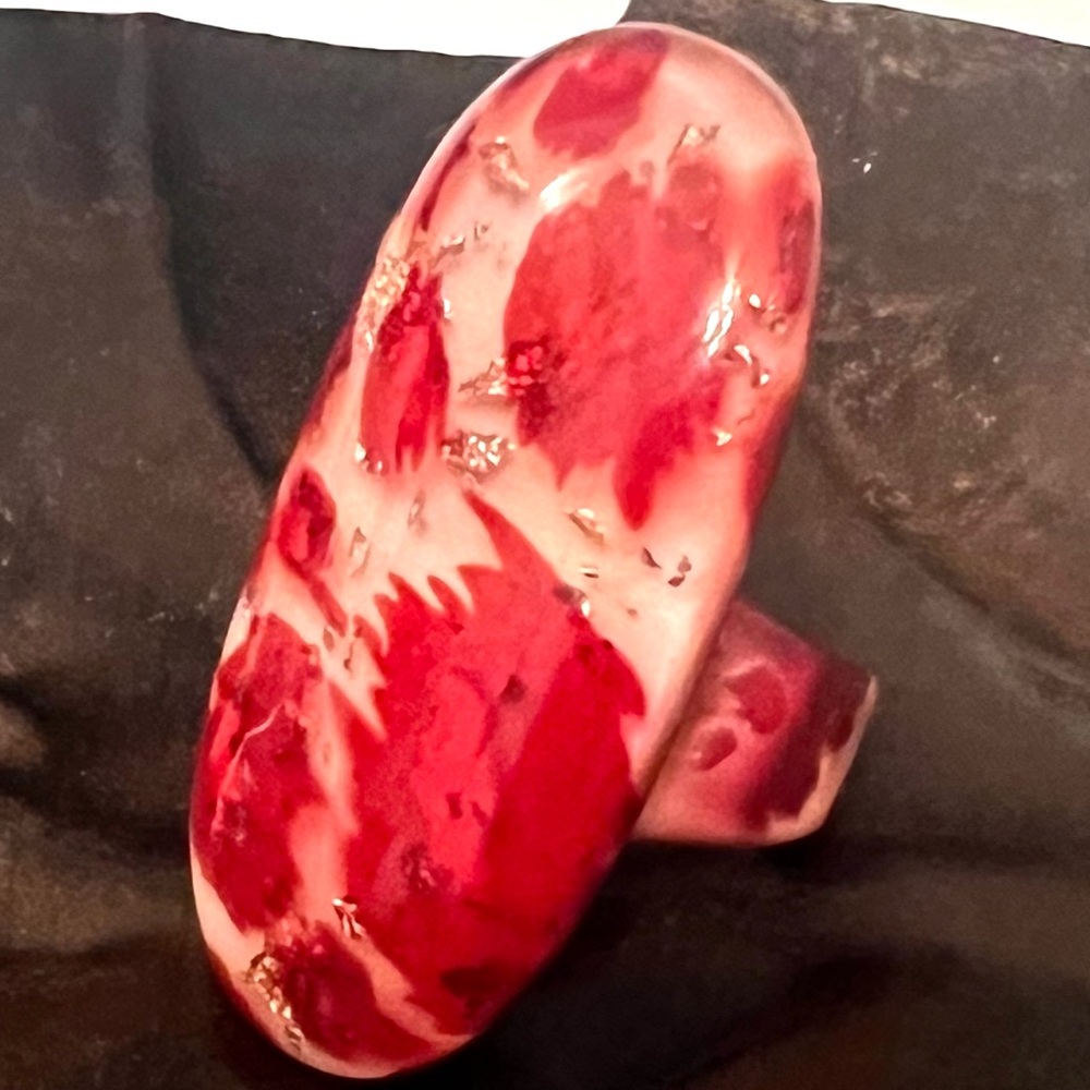 Vintage “TARA* Red Resin & Gold Flake Chunky Statement Ring - Size 8 (2")